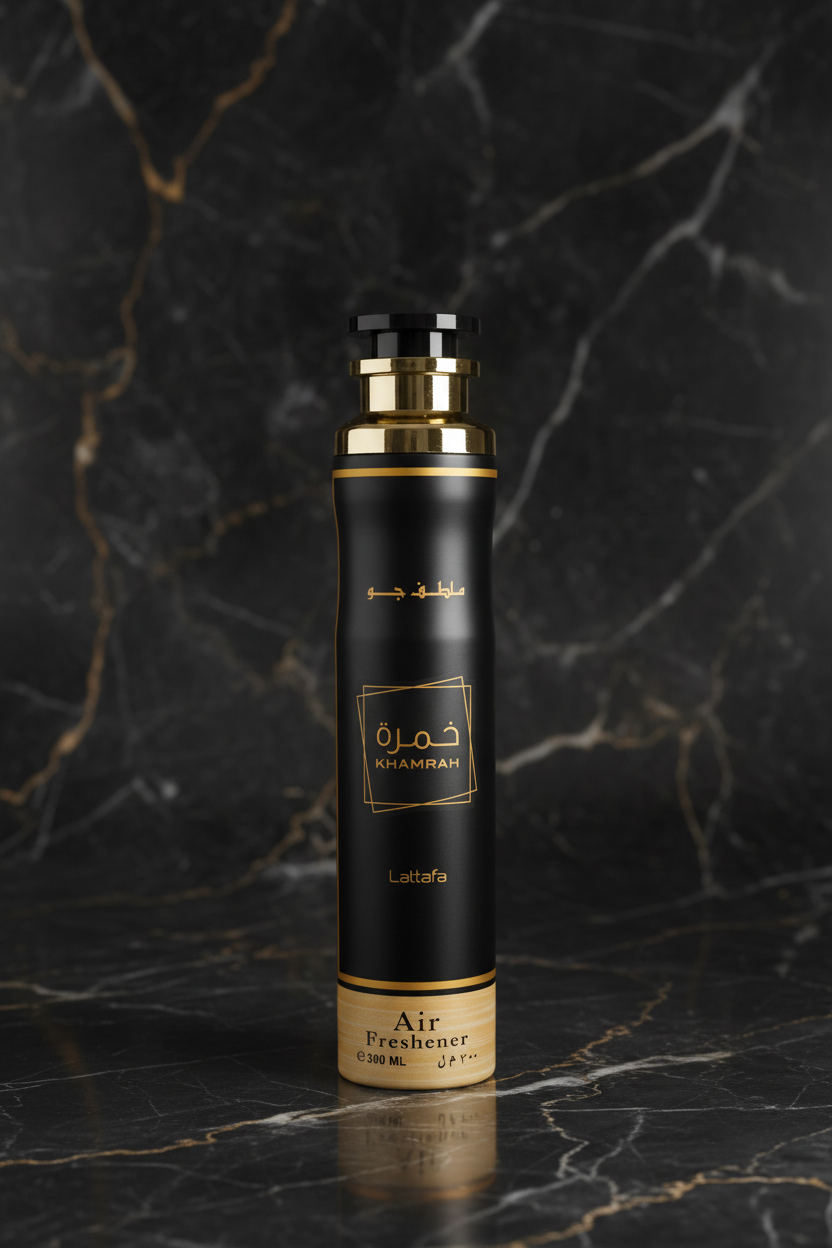 Flacon Khamrah Lattafa dÃƒÂ©sodorisant d'ambiance 300ml noir et or