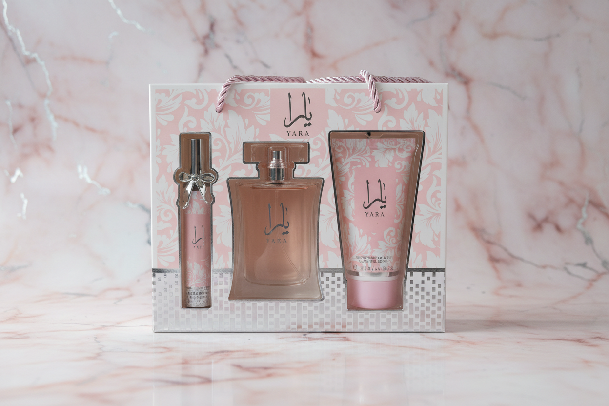 Coffret cadeau Yara Rose Lattafa body splash et lotion corps rose et blanc