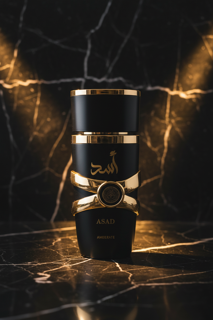 Flacon Asad Ameerate eau de parfum noir et or avec mÃƒÂ©daillon lion