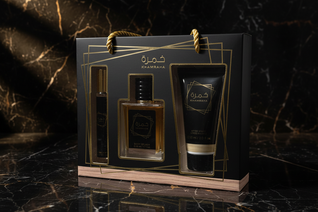 Coffret cadeau Khamraha body splash et after shave noir et or