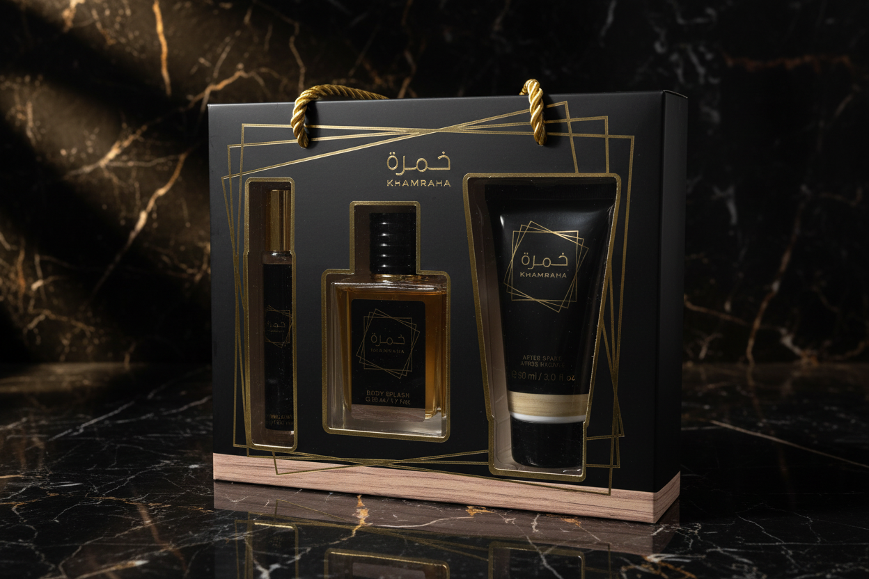 Coffret cadeau Khamraha body splash et after shave noir et or
