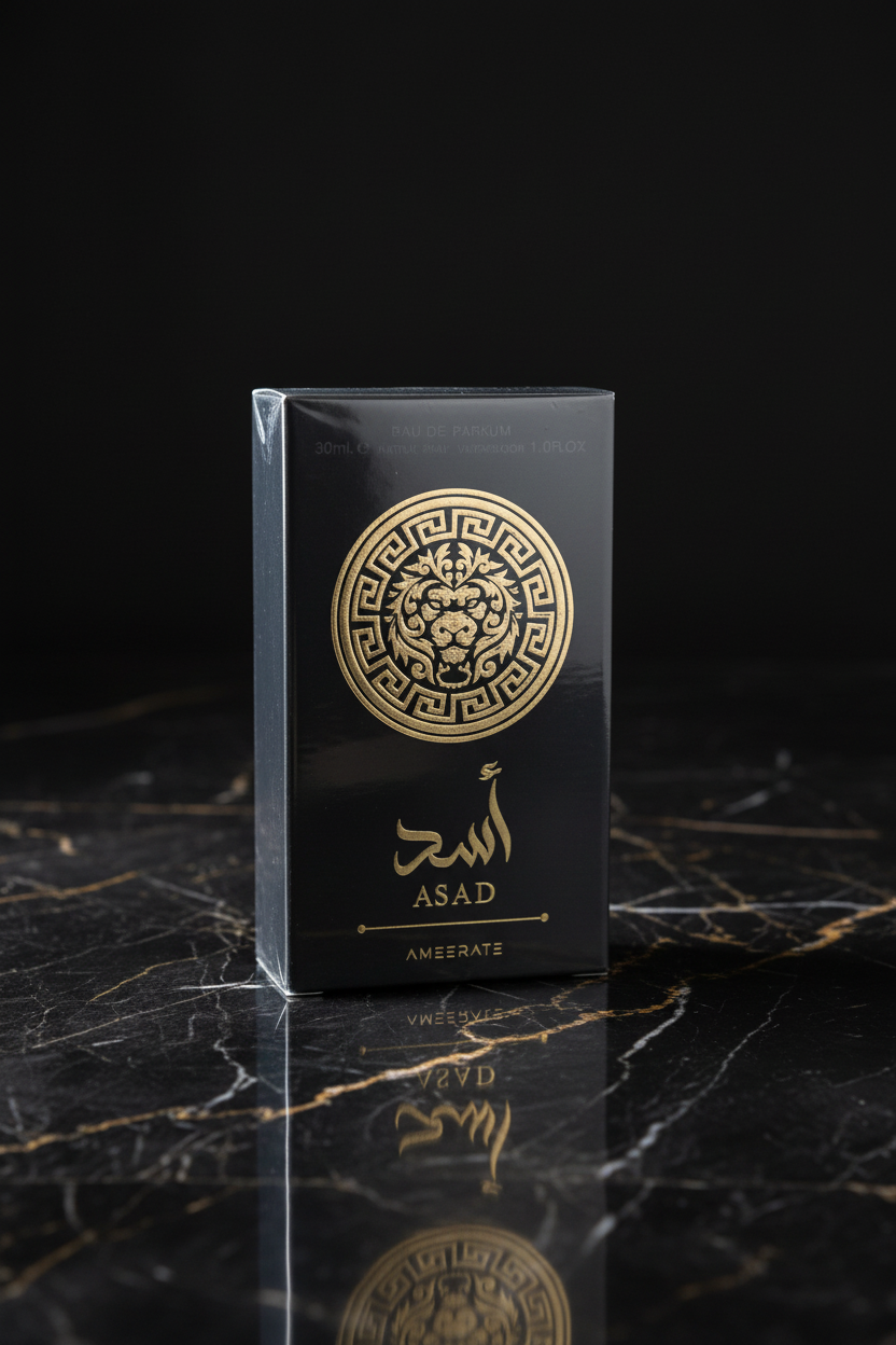 BoÃƒÂ®te Asad Ameerate eau de parfum noir et or design lion
