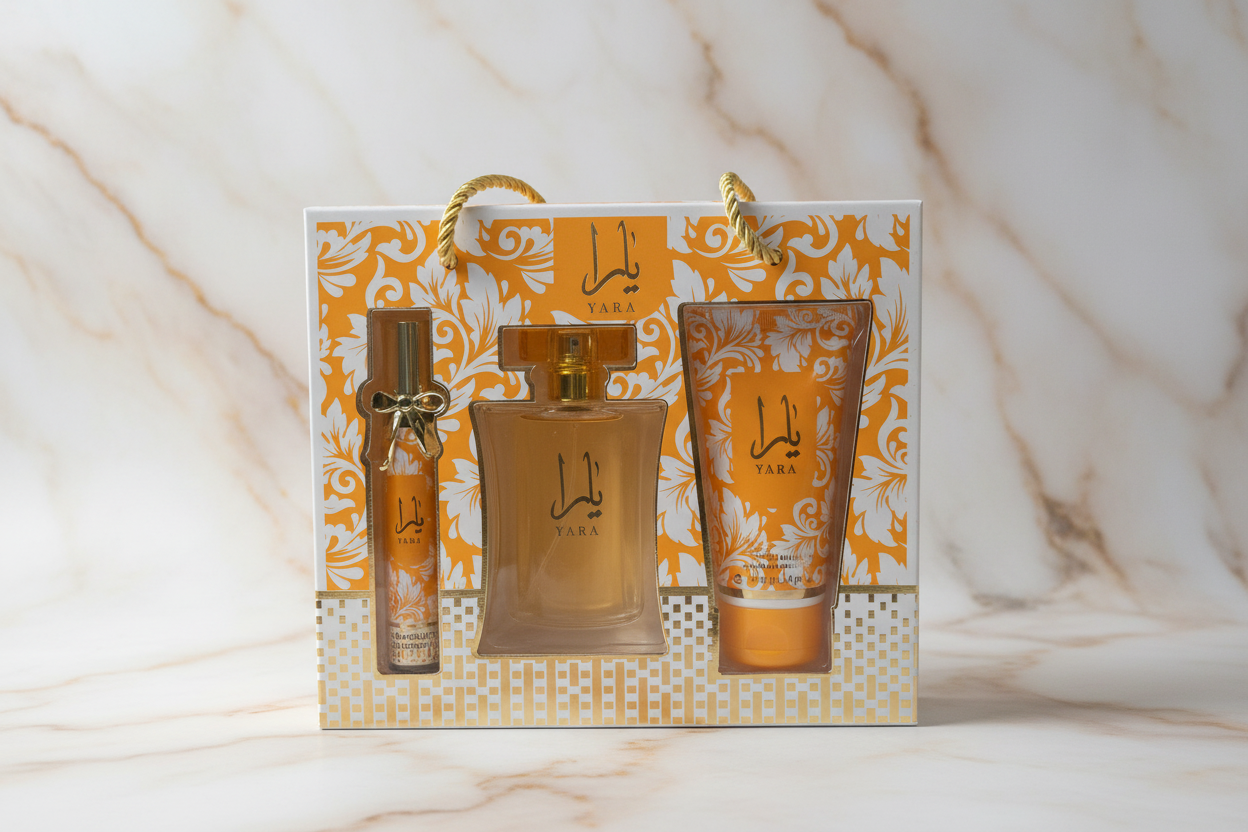 Coffret cadeau Yara Lattafa body splash et lotion corps orange et blanc