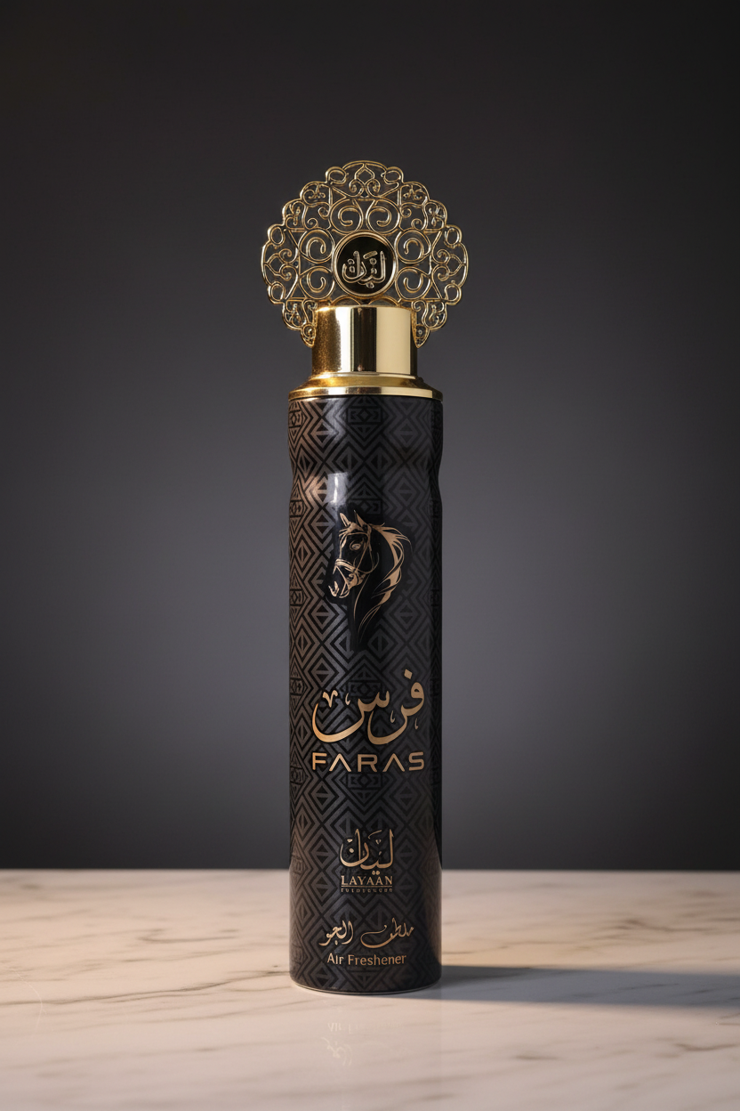 Flacon Faras by Layaan 300ml Ã¢â‚¬â€œ dÃƒÂ©sodorisant maison noir et or au cheval arabe