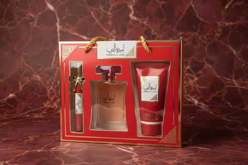 Coffret cadeau Ameerat Al Arab body splash et lotion rouge et or