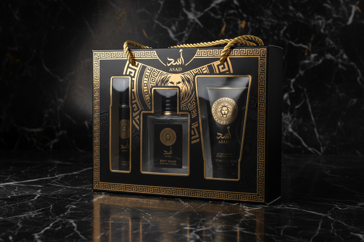 Coffret cadeau Asad Ameerate body splash et after shave noir et or