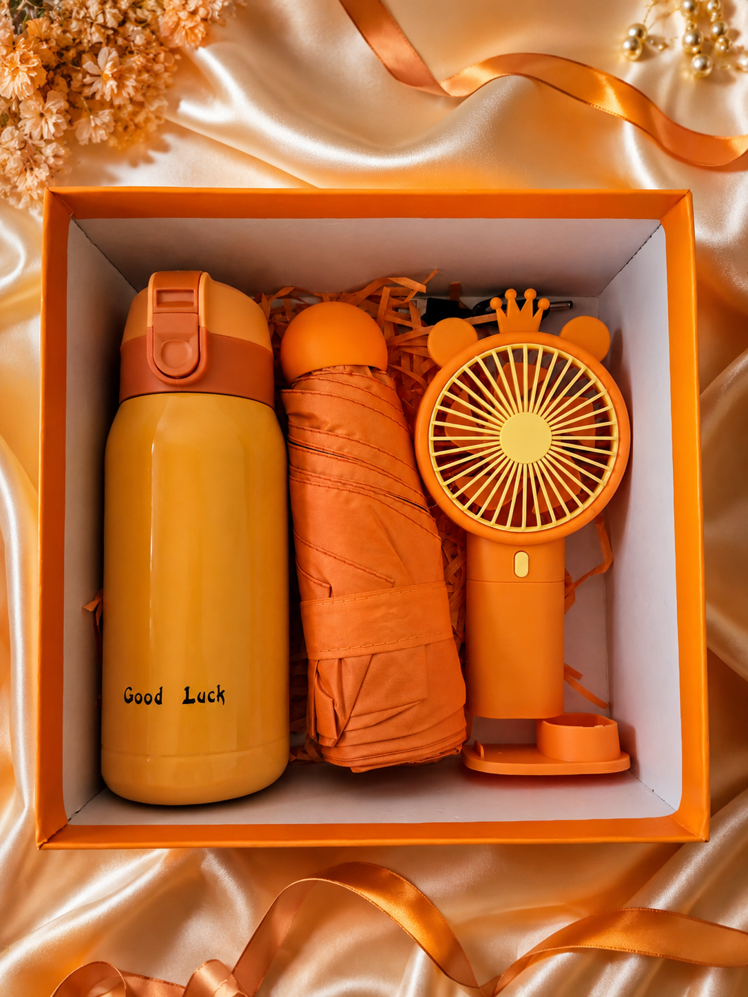 Coffret Cadeau Orange – Thermos, Parapluie & Ventilateur