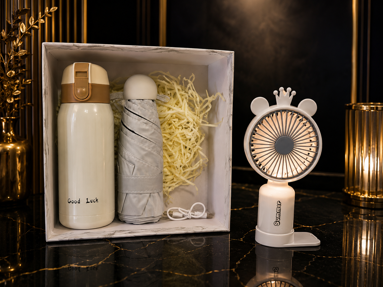 Coffret Cadeau Blanc – Thermos, Parapluie & Ventilateur