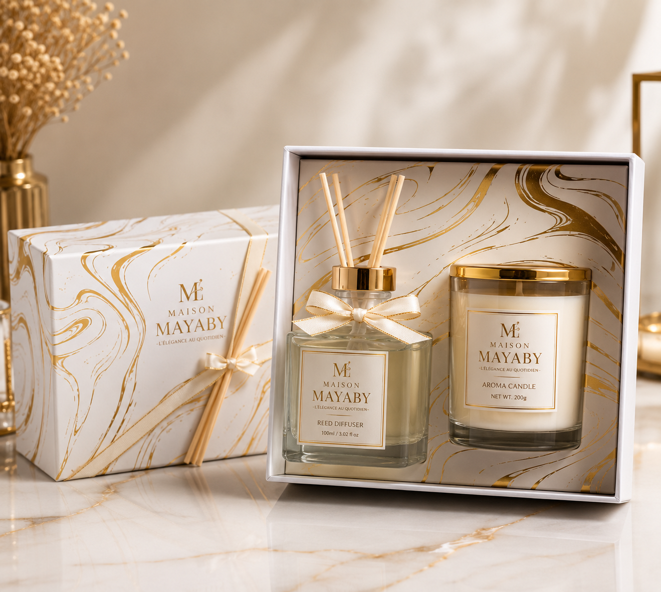 Coffret Cadeau Maison Mayaby Reed Diffuser et Bougie Aromatique