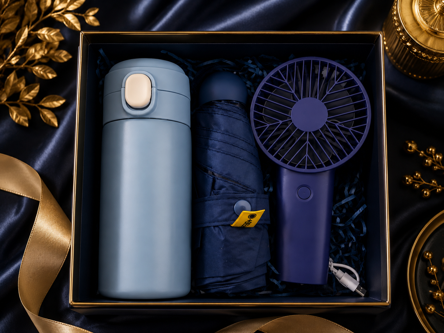 Coffret Cadeau Bleu Marine – Thermos, Parapluie & Ventilateur